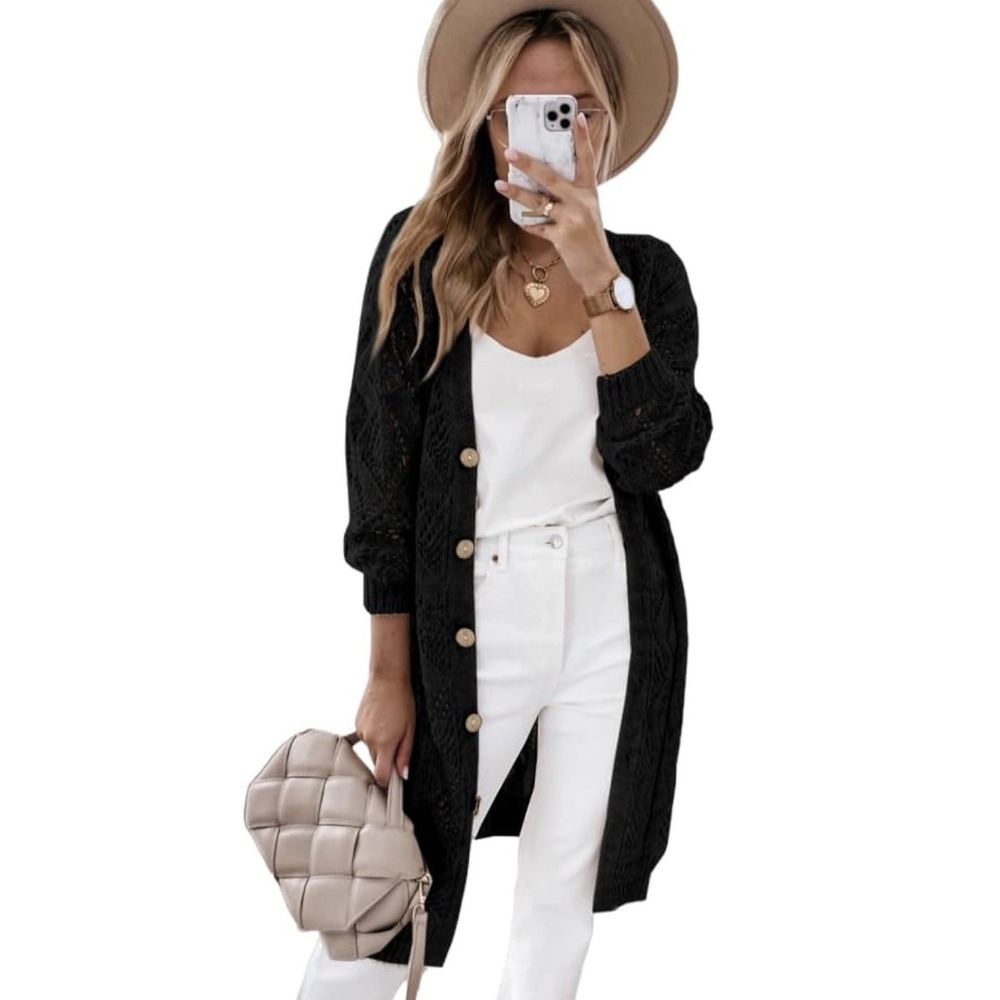 Women's Hollow Out Button Down Long Open Front Casual Cardigan Knitted Sweater L